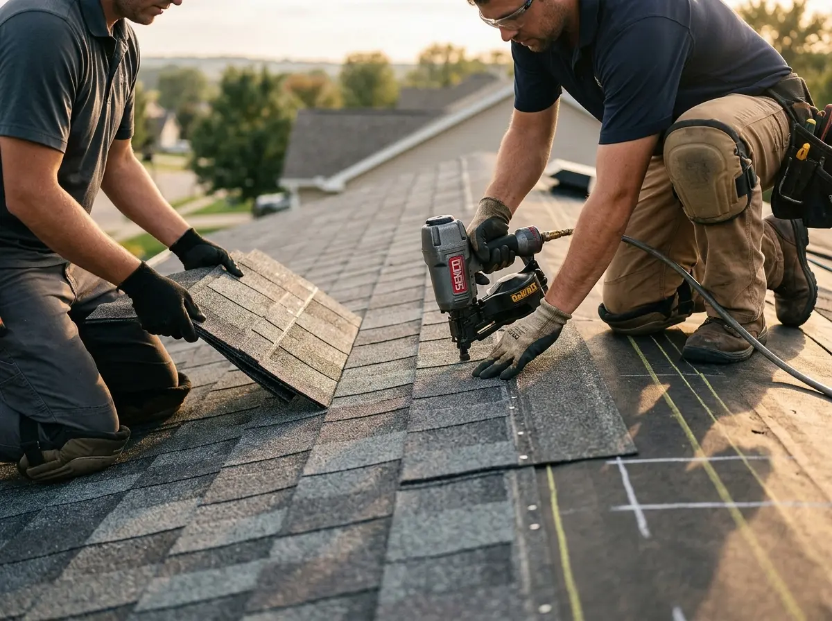 Professional roofer working on a residential roof in Sanger